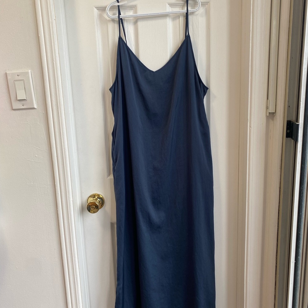 Navy blue satin spaghetti strap maxi slip dress with pockets